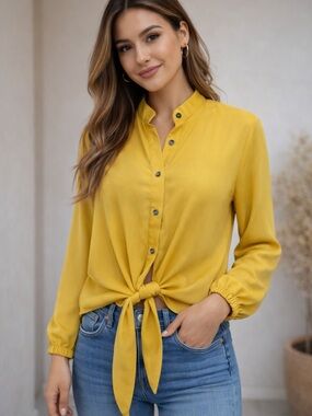 Renee C. Mustard Yellow Tie-Front Button Down Top